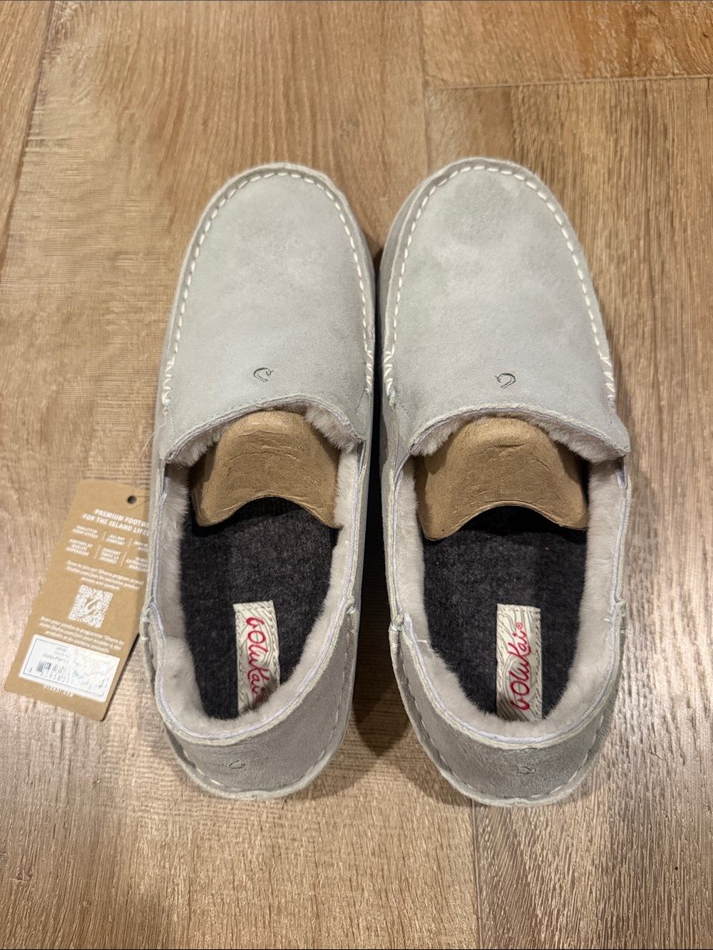 OluKai Women’s Pale Grey Suede Slip-On Loafers